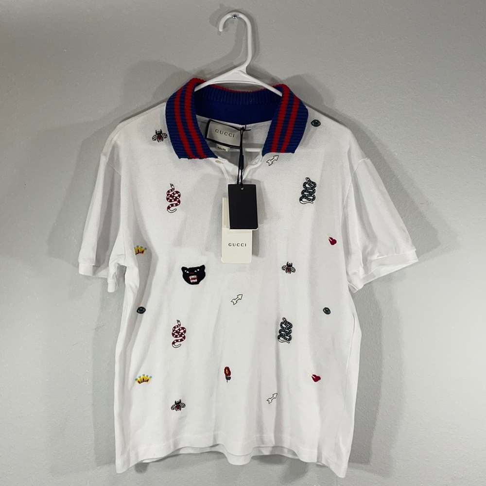 Gucci White Embroidered Polo Shirt Size Large Made In Italy BNWT
